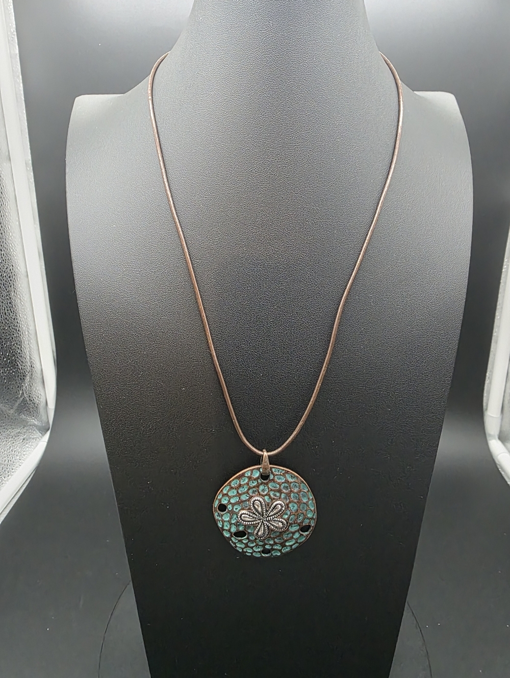 Turquoise Patina Floral SandollarPendant Necklace w/new leather Cord